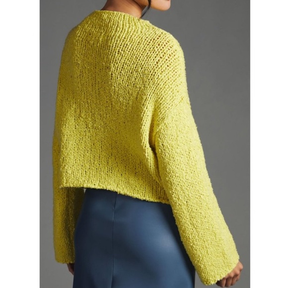 Anthropologie Yellow Chartreuse Chunky Knit Cotton Cropped Mock Neck Sweater - Picture 11 of 11